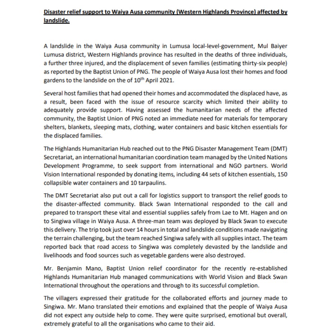 BlackSwanInter1's tweet photo. Read about our participation in a collaborated relief effort with @worldvisionpng, @UNDPinPNG  and various other organizations to support the people of Waiya Ausa whose homes, food gardens and livelihood were destroyed by a landslide in April this year. https://t.co/J3AEaOvgja