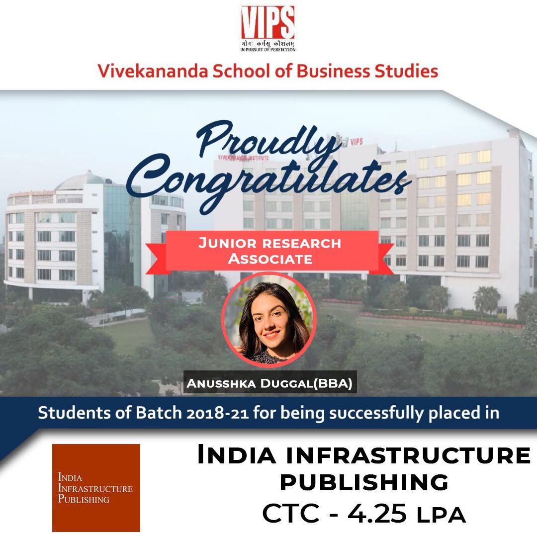 VIPS_Delhi's tweet photo. #VSBS, #VIPS #congratulates 
“*Anusshka Duggal*” for being #succesfully placed at @Indianinfra_mag Publishing.We wish her best of luck for their future endeavours🏆.#growth #proud #training #bcom #bba #indian  #best #learning #knowledge #covid_19 #stayhome #staysafe https://t.co/2BkWHkMk39
