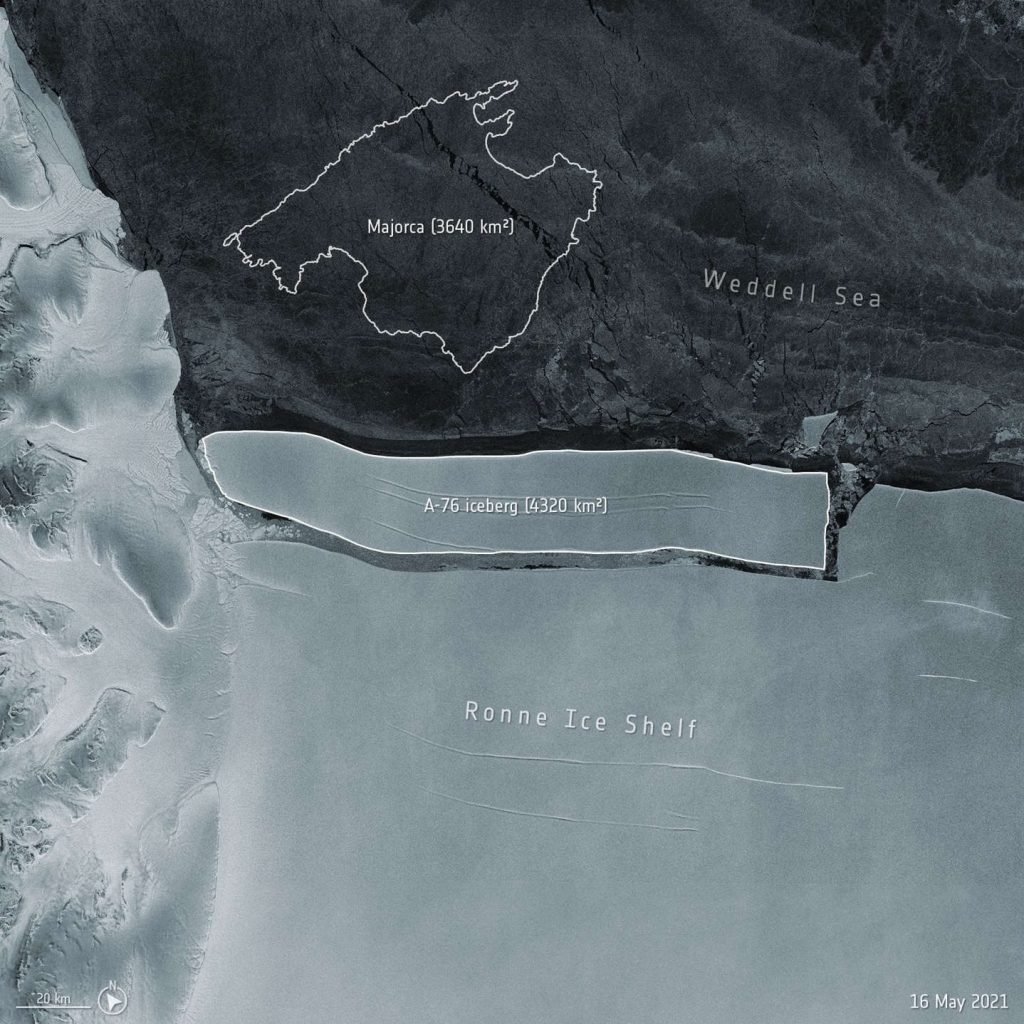 A giant Iceberg slab named A -76 has recently calved off from the frozen edge of Antarctica into the Weddell Sea. It's confirmed by european space agency's satellites.

The Ice Berg A-76 is 170 kilometres long and 25 kilometres wide.

#MaritimeDisaster