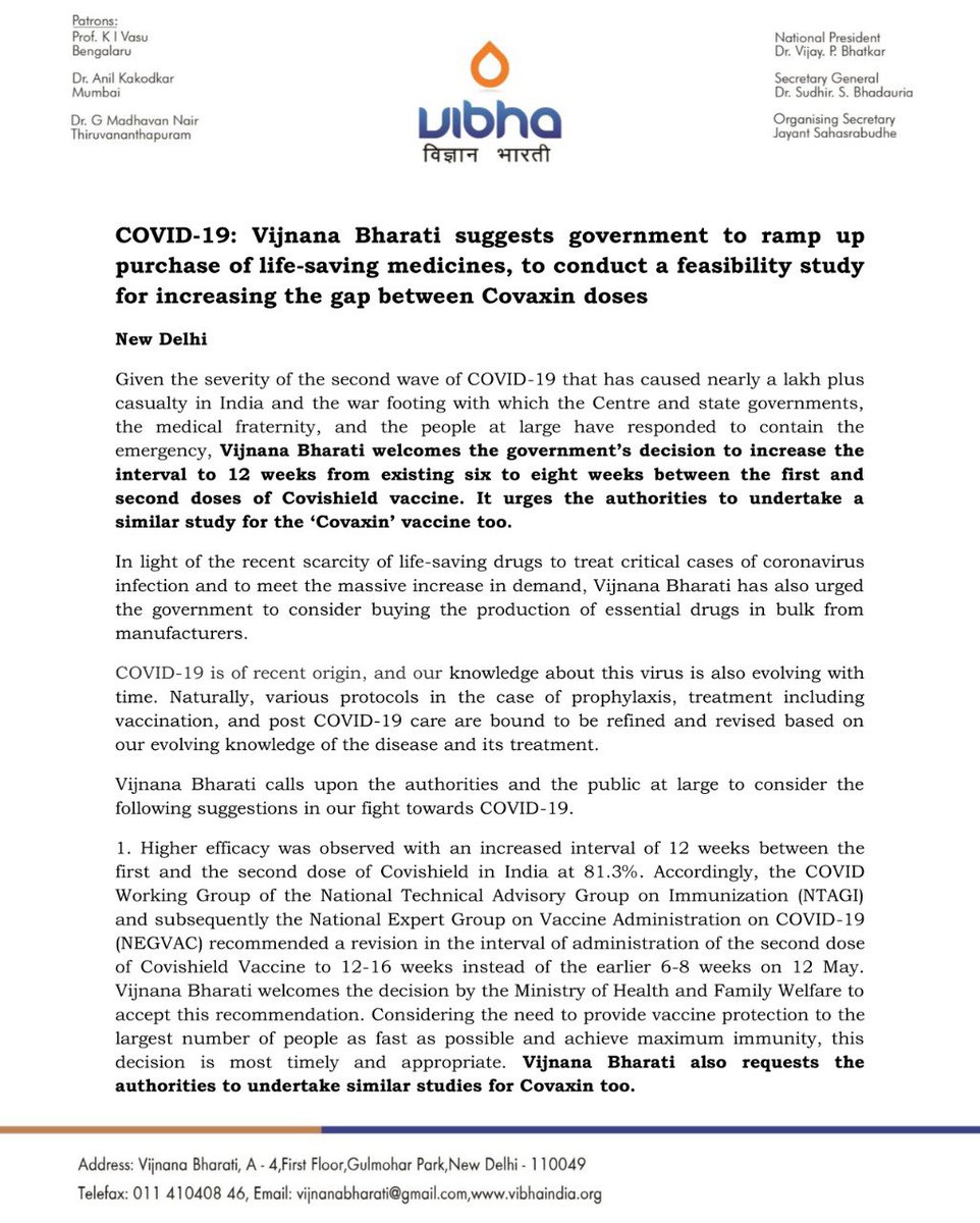 jayantss66's tweet image. @Vibha_India welcomes the government’s decision to increase the interval to 12 weeks from existing 6 to 8 weeks between the first and second doses of Covishield vaccine @drharshvardhan @DeptHealthRes @MoHFW_INDIA @PMOIndia @IndiaDST @CSIR_IND