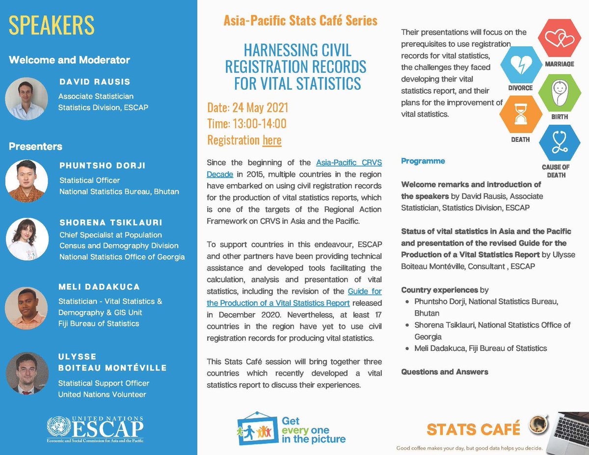 UNESCAP's tweet photo. Grab some snacks 🍩 and join our #StatsCafe on Monday 24 May, 13:00-14:00 (UTC+7), to learn how #AsiaPacific countries used their civil registration records to develop vital statistics reports.
☕️ Register now https://t.co/XiJlckdVWx https://t.co/WFFSQHvUtK