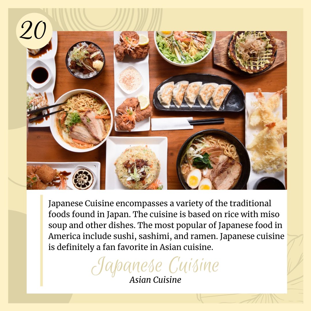 May 20th: Today we are featuring Japanese Cuisine. A definite fan favorite when talking about Asian Cuisine. Japanese dishes are composed of many different elements, all taking roots in the traditional dishes found in Japan. #AAPIHM