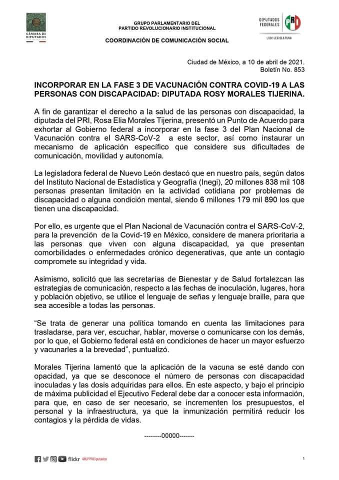 AGUSMARTE's tweet photo. Éste exhorto lo hizo la diputada @rosymoralest en Abril/2021 para que las PcD fueran incorporadas en la etapa tres de la vacunación contra el COVID-19, estamos en Junio y muchas PcD están desprotegidas, claramente vemos que para el @GobiernoMX y @lopezobrador_ no somos prioridad. https://t.co/VUCf3bb8zE