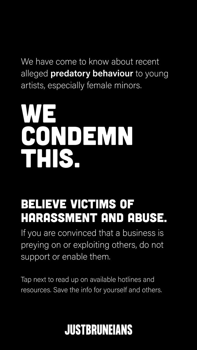 justbruneians's tweet photo. Believe victims of harassment and abuse. Do not support businesses that prey on or exploit others.

And thank you to our local creative scene who have been quick and vocal to condemn *what is wrong*. We need your energy and resolve to keep going and help those who need support. https://t.co/SIDvqt53O1