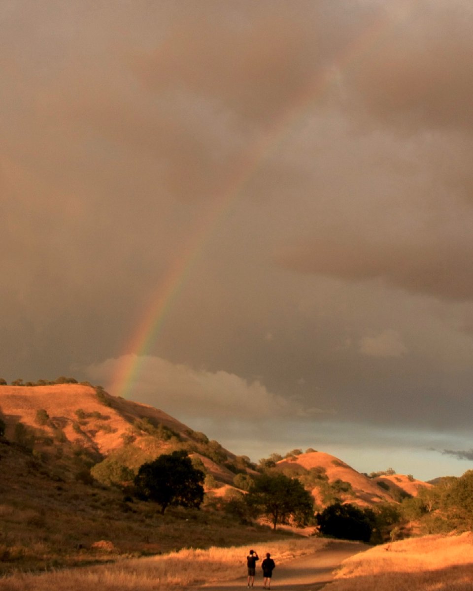 newsfroggie's tweet photo. Two people enjoy a #rainbow as it appears during a spring rain at the #WalnutCreek open space at #ShellRidge during sunset. https://t.co/1cGl0UJQ1Z
