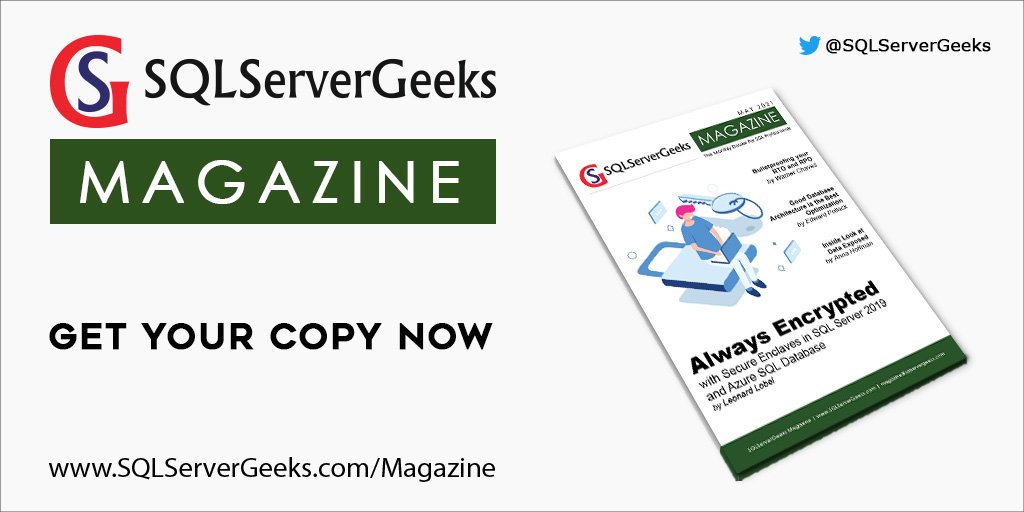 SQLServerGeeks's tweet image. Hey #SQL Folks!!! Did you subscribe to @SQLServerGeeks Magazine yet?
Some intriguing articles, learning events, SQL Nuggets & trivia from #sqlfamily in it.
bit.ly/ssgmagazine
Pls RT.
#sqlserver #azuresql #microsoft #sqlfamily #mysql