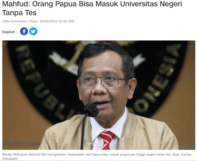 Kita cinta Kemajuan Papua
tapi
SIAPA YANG TIDAK GAGAL FAHAM !?
👇
"Orang Papua bisa diterima dengan perlakuan khusus (tidak ikut tes umum seperti masyarakat luas) untuk masuk UI, ITB, UGM, Undip, Unhas &amp; seluruhnya di +62 termasuk di Jakarta" <a href="/mohmahfudmd/">Mahfud MD</a> Rabu 19/5

<a href="/Kemdikbud_RI/">kemdikbud go id</a>