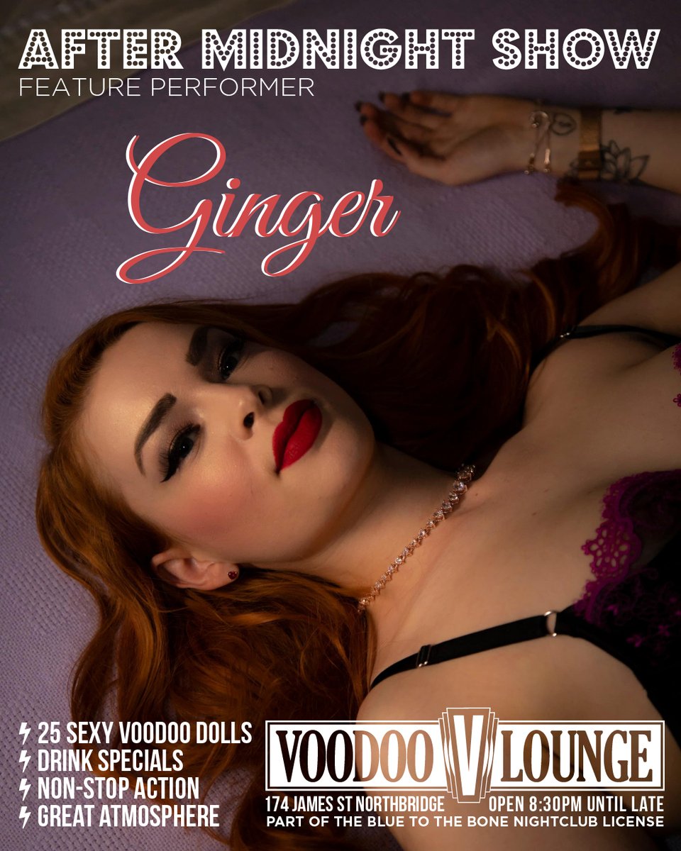 VoodooLoungeWA's tweet photo. 🔥 FEATURE PERFORMER ANNOUNCEMENT 🔥

Tonight is the last chance to see @ginger.fatale perform her after midnight show before she leaves WA to move to sunny QLD! 😭

Let’s make her last weekend one to remember and join us at ✨ Voodoo Lounge ✨

DOORS OPEN 8.30PM! NO DICKHEADS https://t.co/qa2jWDHoFe