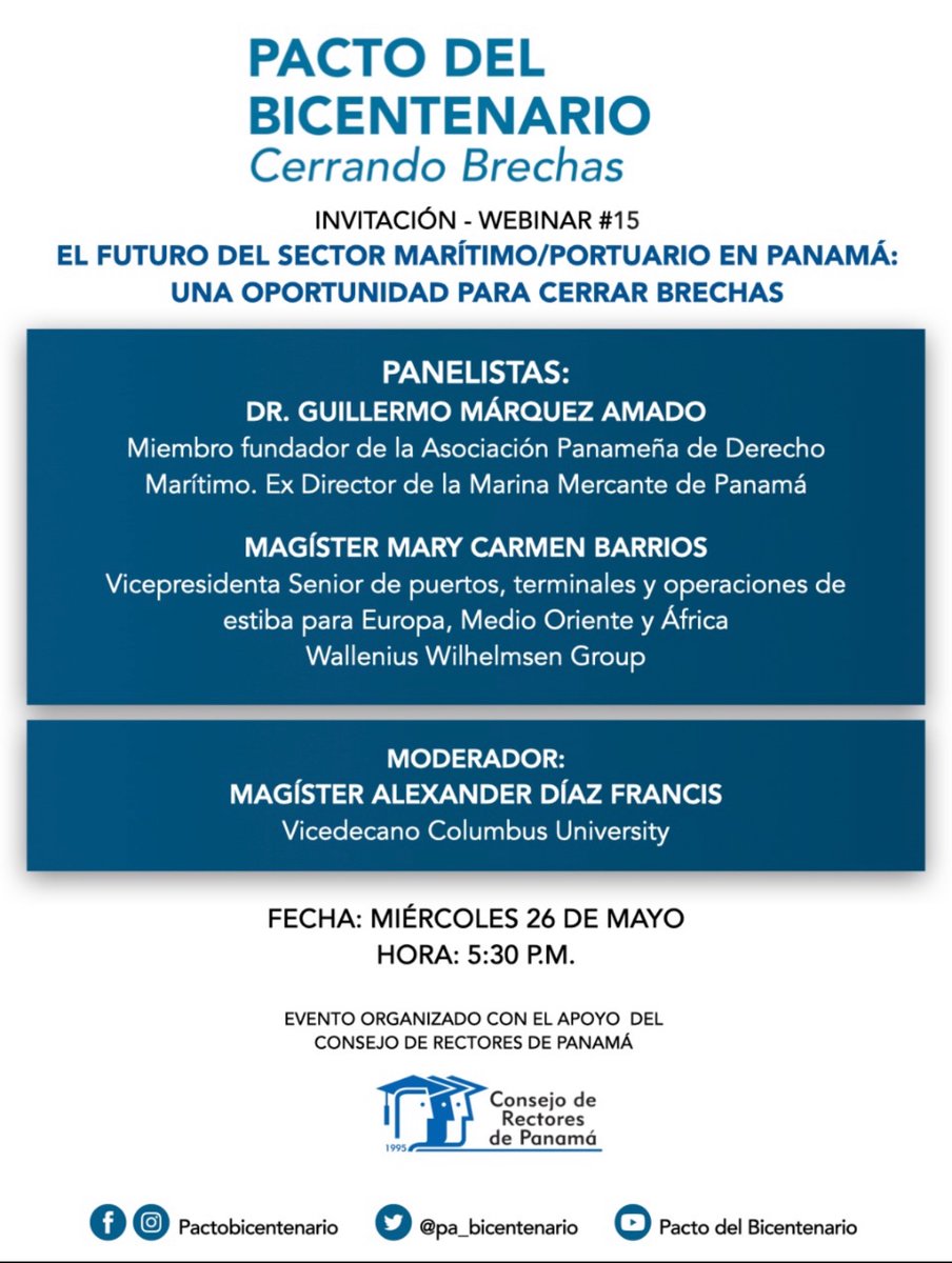 Honrada con la invitación recibida del #pactodelbicentenario para participar como oradora del Panel Marítimo bajo el lema: El Futuro del sector marítimo/portuario en Panamá- Una oportunidad para cerrar brechas.