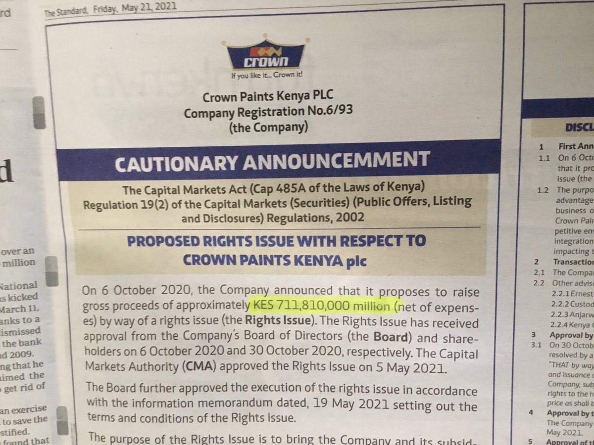 DonaldBKipkorir's tweet image. Kshs. 711 Trillion? Really? Does Crown Paints want to raise Kshs. 711,820,000,000,0000/=? How can they make such a monumental error in the Cautionary Statement?