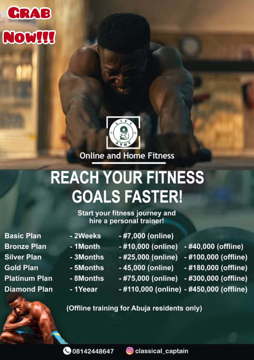 ClassicalCapta2's tweet image. In two weeks, you will feel it
In four weeks, you will see it
In raging weeks, people will admire to have your body goals

Come, let me help you achieve them. 👇🏼👇🏼👇🏼

#AbujaTwitterCommunity #Repost #Onlinefitness #fitness #Fitnessboss #bodygoal