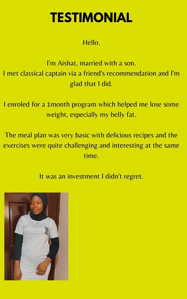 ClassicalCapta2's tweet image. In two weeks, you will feel it
In four weeks, you will see it
In raging weeks, people will admire to have your body goals

Come, let me help you achieve them. 👇🏼👇🏼👇🏼

#AbujaTwitterCommunity #Repost #Onlinefitness #fitness #Fitnessboss #bodygoal