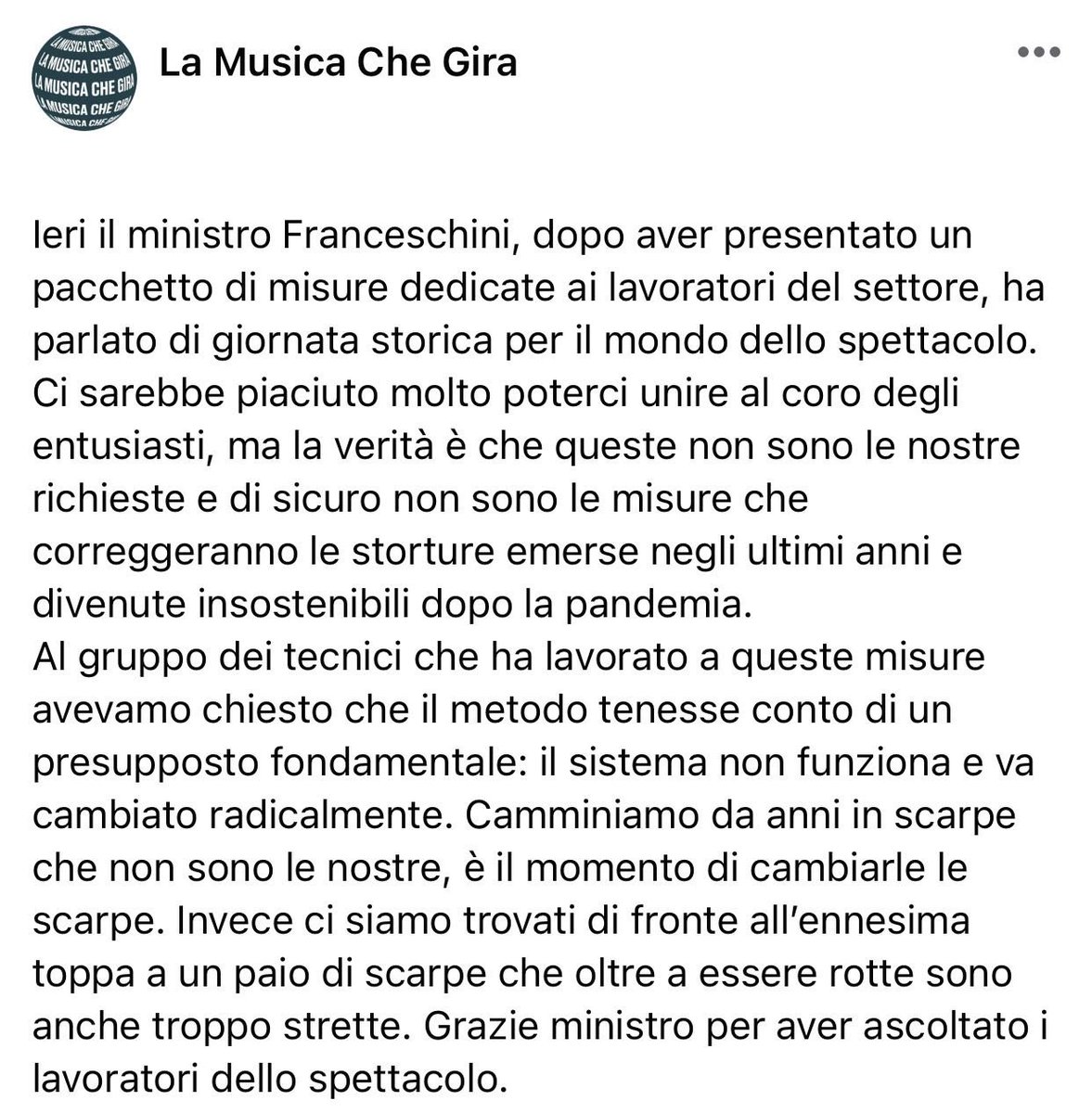 La musica che gira (@lamusicachegira) on Twitter photo Per il settore dello spettacolo ieri non c'è stato niente di storico, ma solo qualcosa di tristemente consueto.
#idirittisonounospettacolo
<a href="/MiC_Italia/">Ministero della Cultura</a> <a href="/dariofrance/">Dario Franceschini</a> <a href="/MinLavoro/">Ministero Lavoro</a> <a href="/AndreaOrlandosp/">Andrea Orlando</a>
bit.ly/2SclJd1 Per il settore dello spettacolo ieri non c'è stato niente di storico, ma solo qualcosa di tristemente consueto.
#idirittisonounospettacolo
<a href="/MiC_Italia/">Ministero della Cultura</a> <a href="/dariofrance/">Dario Franceschini</a> <a href="/MinLavoro/">Ministero Lavoro</a> <a href="/AndreaOrlandosp/">Andrea Orlando</a>
bit.ly/2SclJd1
