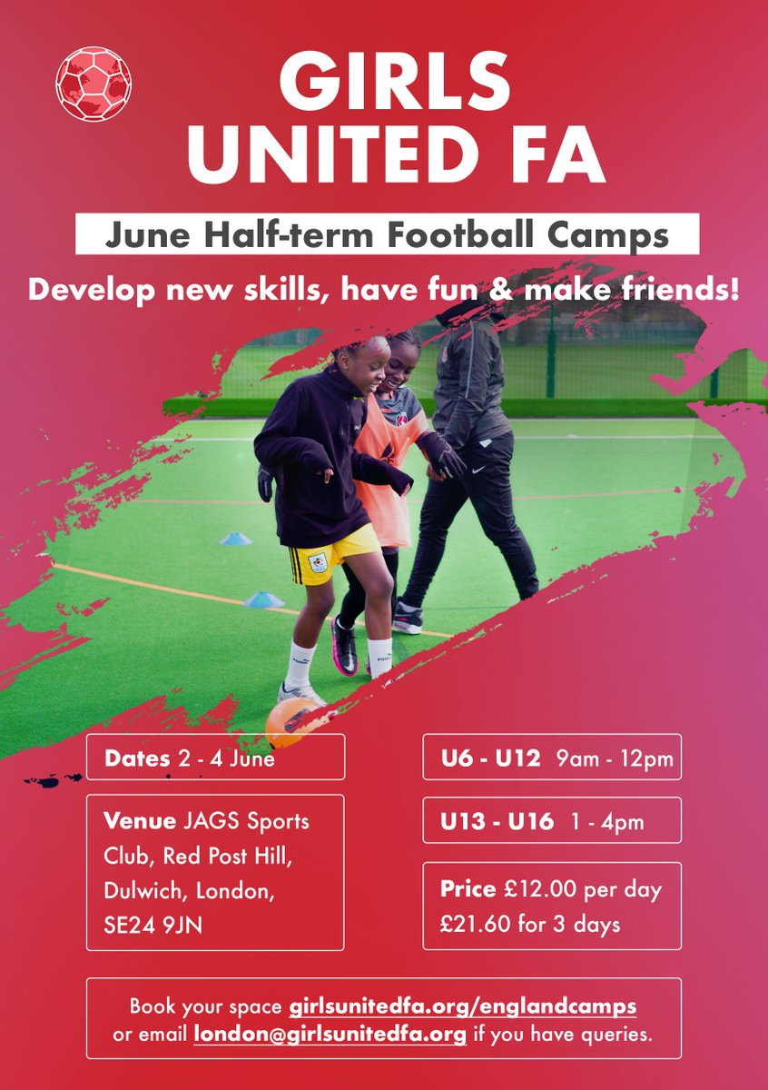 girlsunitedfa's tweet photo. Football camps for girls in South London this June Half-term ⚽️ Develop skills, make friends and feel empowered. £12 per day.

Book your space 🔗 https://t.co/JYCAV7CxZ2 https://t.co/QWJlqWgvHg