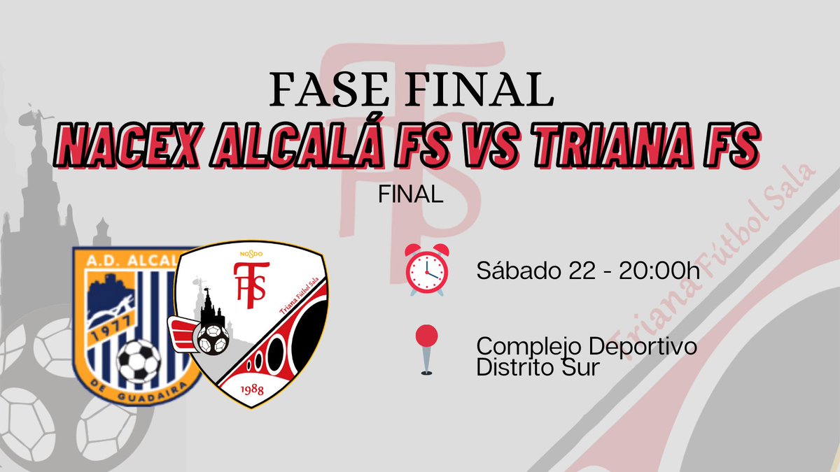 Y como recompensa al gran trabajo realizado en toda esta temporada, mañana tenemos un encuentro ilusionante: la Final de los Play-off de ascenso a 2ªB.

<a href="/TrianaFS/">Olimpic de Triana</a> vs <a href="/Alcala_FS/">CD Alcalá de Guadaíra FS</a> 
⏰ Sábado 22 - 20:00h
📍 Complejo Deportivo Distrito Sur

#trianajuega #vamostriana