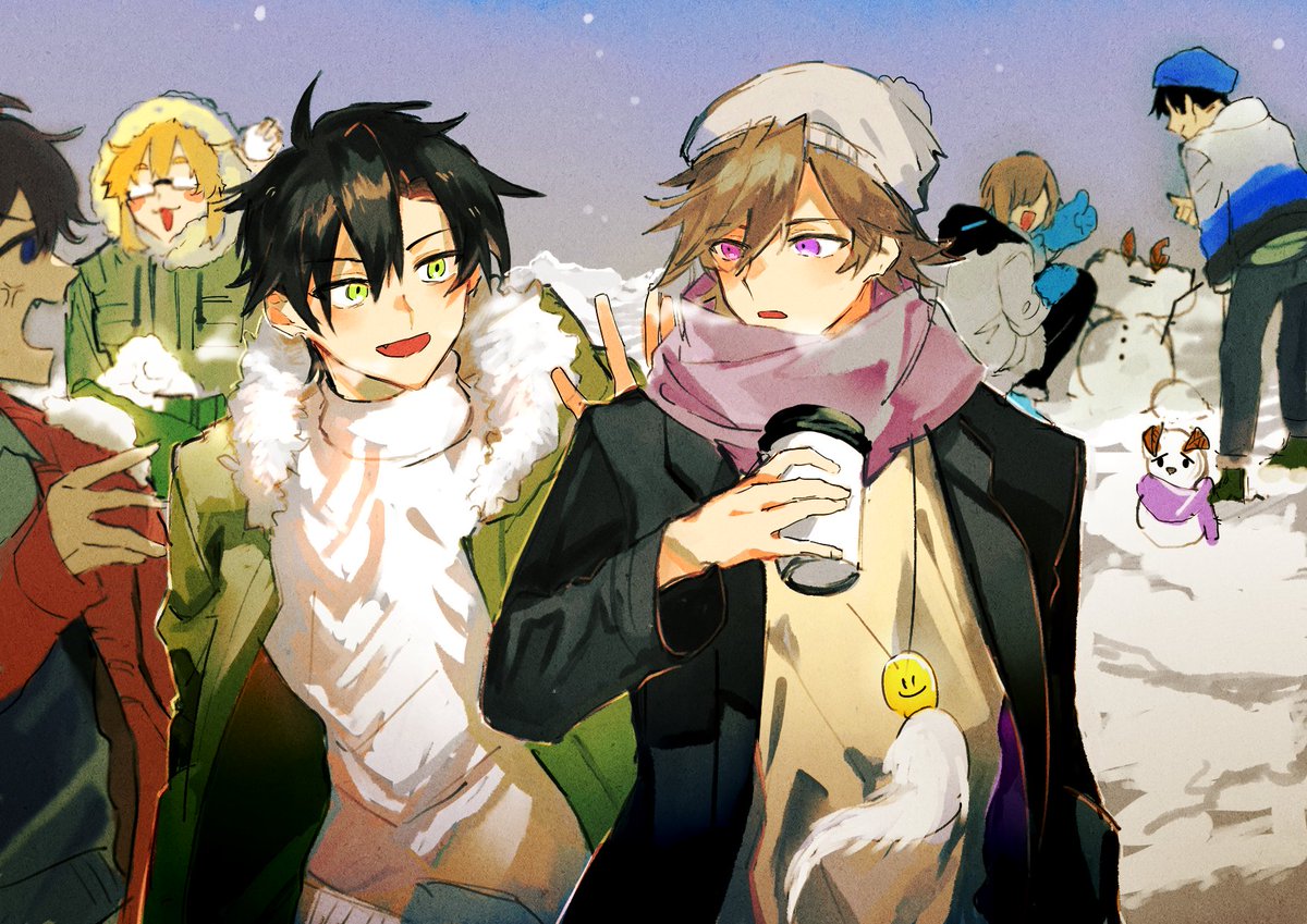 multiple boys snowman scarf black hair green eyes snow beanie  illustration images