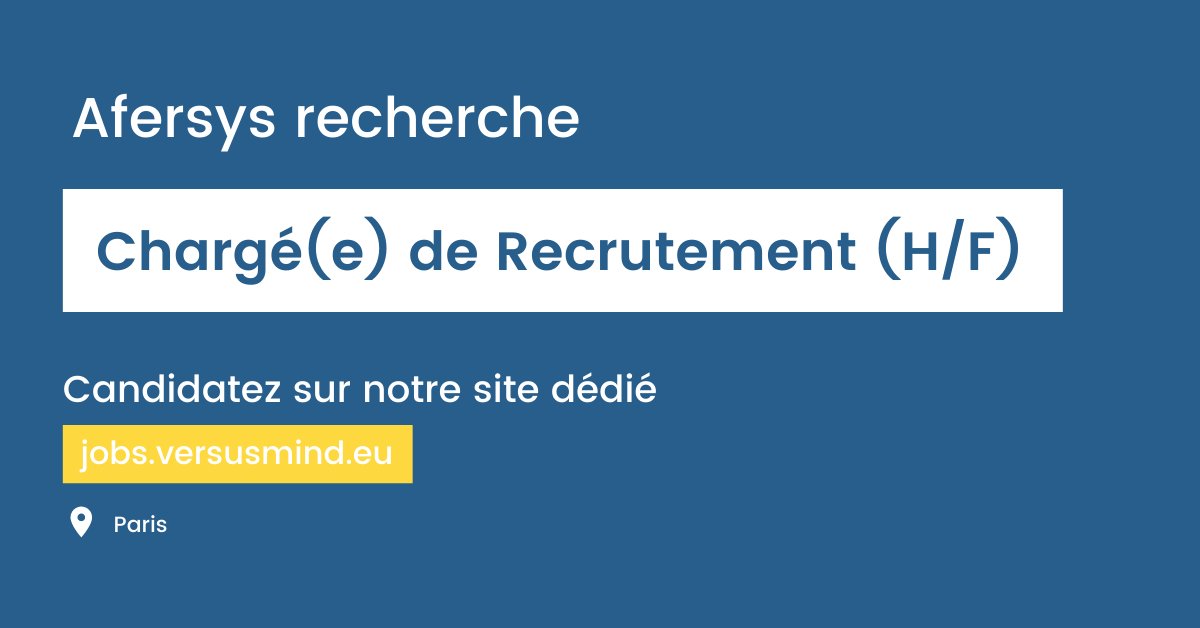 #Recrutement - Nous recherchons pour notre filiale parisienne #Afersys Un(e) Chargé(e) de Recrutement.
Le poste est basé à #Paris.
Retrouvez l'offre et les modalités de
candidature sur notre site dédié : lnkd.in/dywyRfA
#job #versusmind #emploi #ressourceshumaines #RH