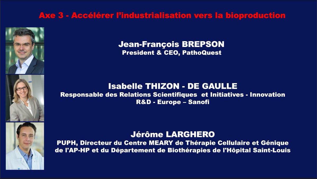 Pole_Medicen's tweet photo. Et c'est maintenant au tour du troisième GT de présenter leurs retours sur l'accélération de l'industrialisation. 
Avec la participation de @jfbrepson @Pathoquest  , Isabelle Thizon-De Gaulle @sanofi  et Jérôme Larghero @CentreMeary #ARBB @iledefrance @Genopole @ChooseParisReg https://t.co/m5KZ5J7twe
