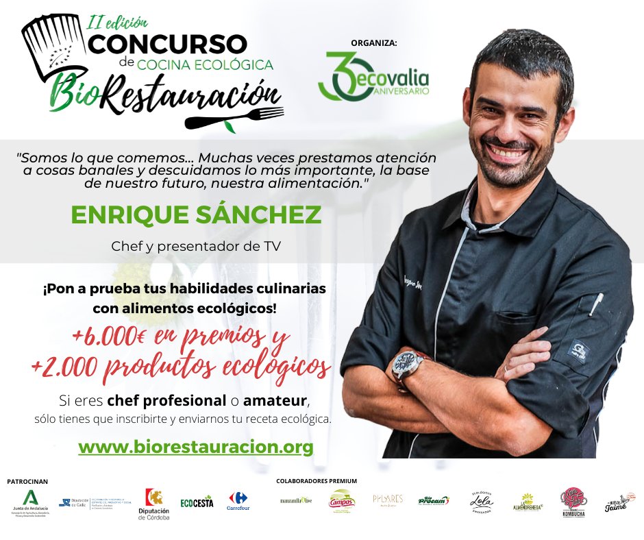 Ecovalia's tweet photo. Por segundo año consecutivo, el chef y presentador @Enrique_chef se suma al proyecto de BioRestauración. 
Hemos hablado con él y nos ha contado muchas cosas... https://t.co/1Xdw5isYEV @AgriculturAnd
@dipucordoba
@diputacioncadiz @ecocesta @CarrefourES https://t.co/DzmTnZCjud