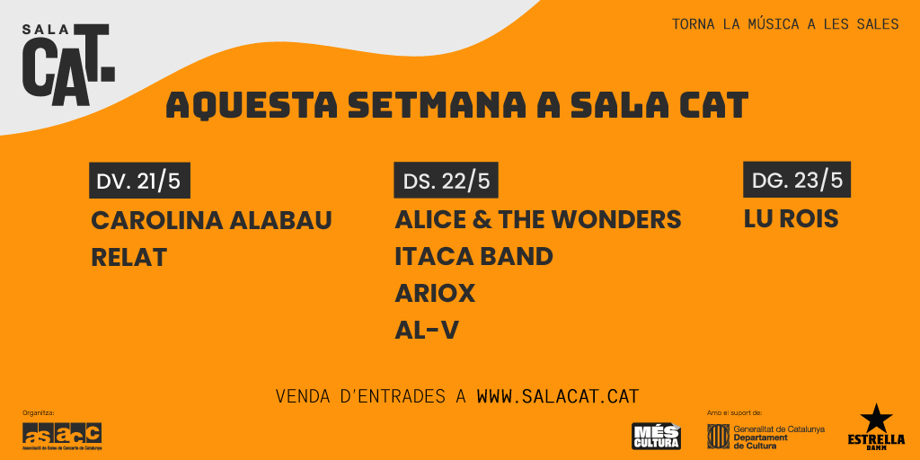 Curtcircuit (@curtcircuit) on Twitter photo 📣 Torna a arrencar el cap de setmana i tornen els concerts de #salaCAT. 
Vols un pla mogut o un pla relaxat? En tenim per tots els gustos! 🙌
Aconsegueix les teves entrades a la nostra web: 
salacat.cat 📣 Torna a arrencar el cap de setmana i tornen els concerts de #salaCAT. 
Vols un pla mogut o un pla relaxat? En tenim per tots els gustos! 🙌
Aconsegueix les teves entrades a la nostra web: 
salacat.cat