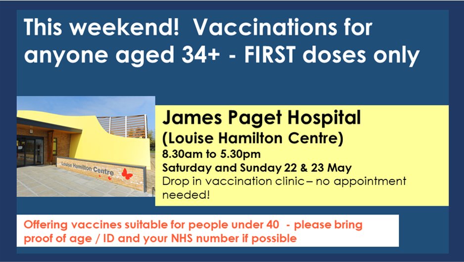 We will again be holding walk-in Covid-19 vaccination clinics at the Louise Hamilton Centre on the James Paget site this weekend – and we’re inviting anyone who will be aged 34 or older on 30 June to come along; tinyurl.com/eth8mn92
