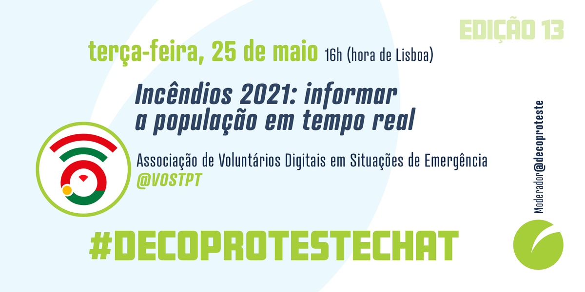 decoproteste's tweet photo. Hoje, no #decoprotestechat, vamos trocar ideias com a @VOSTPT, cuja missão é recolher e disseminar nas redes sociais informação oficial durante emergências. A conversa vai centrar-se nos incêndios 😉. Junte-se às 16h🕚.   

#decoproteste #Portugal https://t.co/9zAncVQkrh