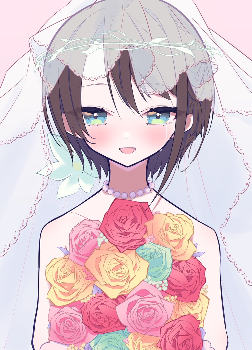 oozora subaru 1girl solo veil flower short hair bridal veil bouquet  illustration images