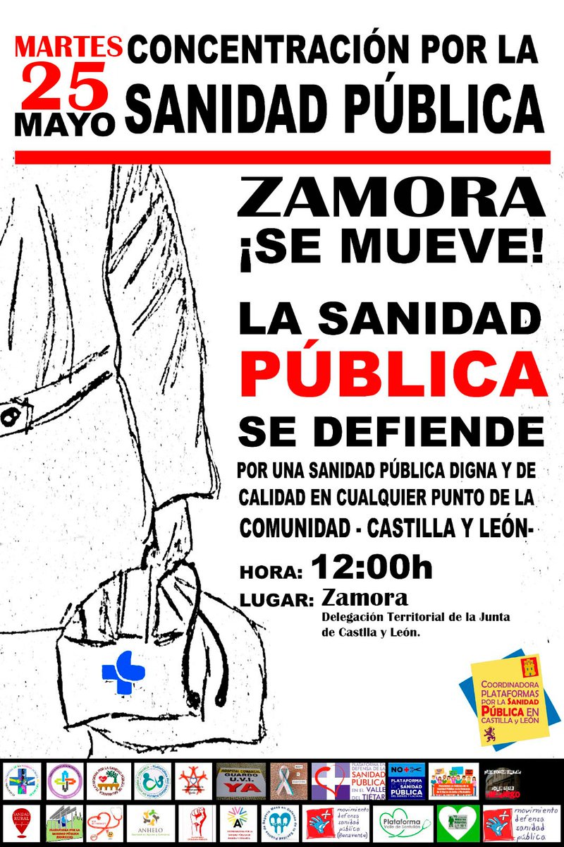 Ante la crisis sanitaria salimos junto a la plataforma por la sanidad pública de Zamora para reivindicar una sanidad pública, gratuita y de calidad. 

📆 Martes 25
⌚ 12:00 horas
📌 Delegación de la Junta de CyL
