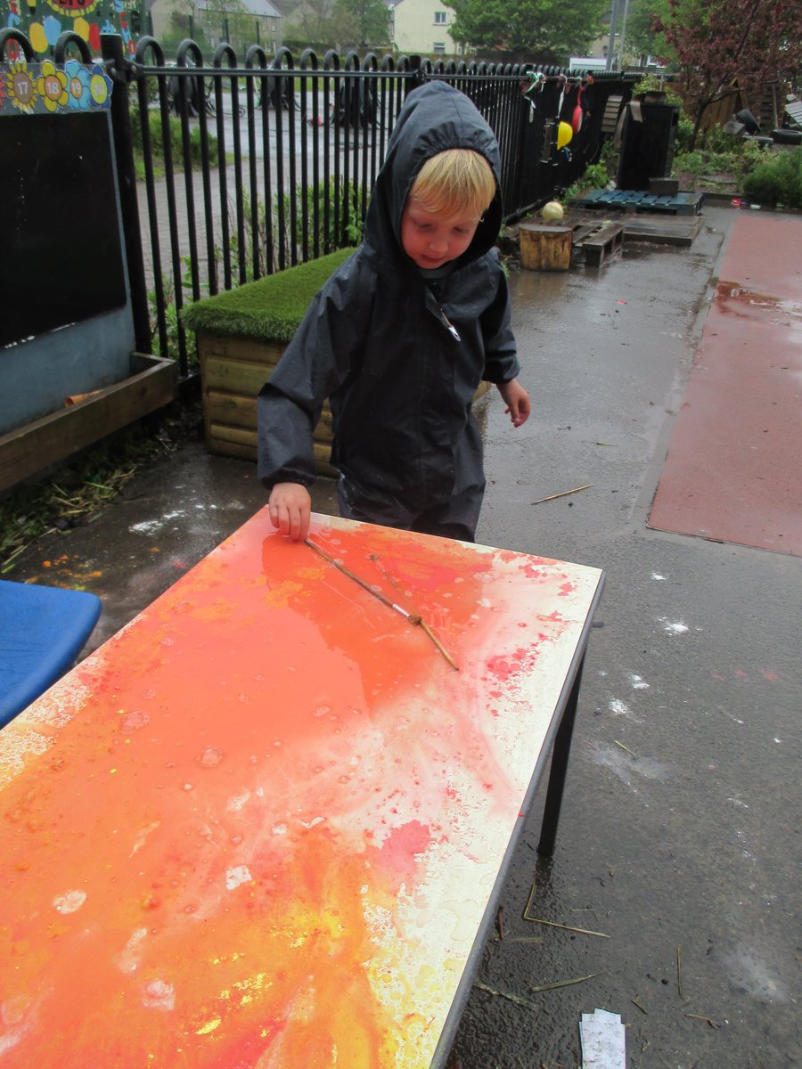 Bonnyrigg1's tweet photo. The Blossom group mark making today in the rain, using chalk, rain water brushes, also a little imagination and a little creativity. #midearly #outdoorlearning #puddlefun https://t.co/ZFP7FmfRm1