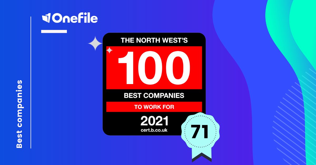 OnefileUK's tweet photo. We're so thrilled to announce that OneFile has ranked no 71 in the North West's Top 100 @bestcompanies to work for! 🎉🤩

This is a huge achievement for all our fab team, as we're so proud to get into the Top 100 for the 1st time! Thank you @bestcompanies 💓 #BestCompaniesLive https://t.co/3KP1jekbdO