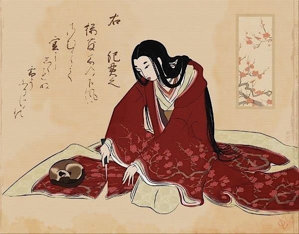 'woman cuts the hem of her kimono to not wake her cat'