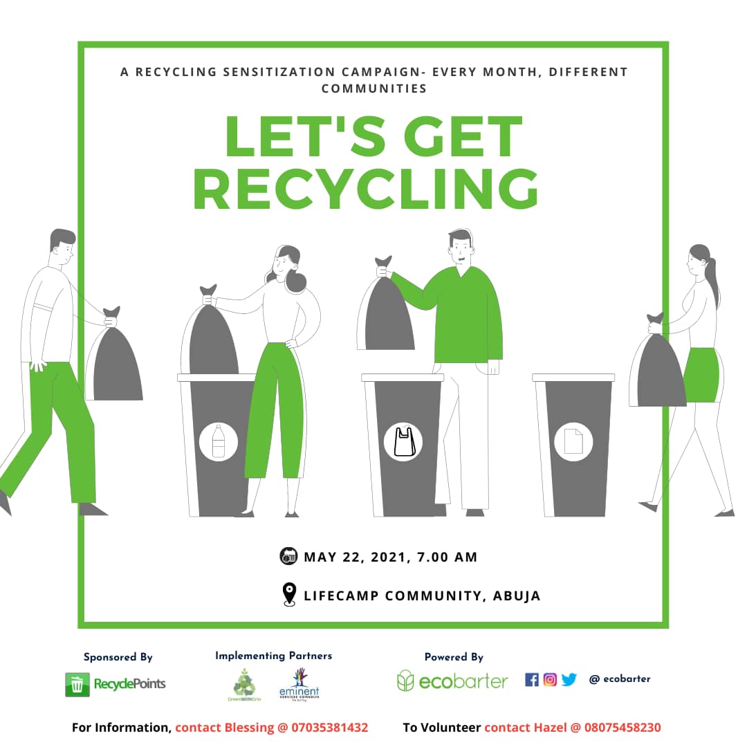 GreenWithGrin's tweet photo. Who is ready for this Saturday??💃🏽💃🏽💃🏽💃🏽

Lifecamp Community is about to feel the Green Wave 🌊.

Let's spread the recycling gospel whether you are in Abuja or not.

@RecyclePointsNG @EcoBarter @GreenWithGrin https://t.co/rgLMIxoTxO
