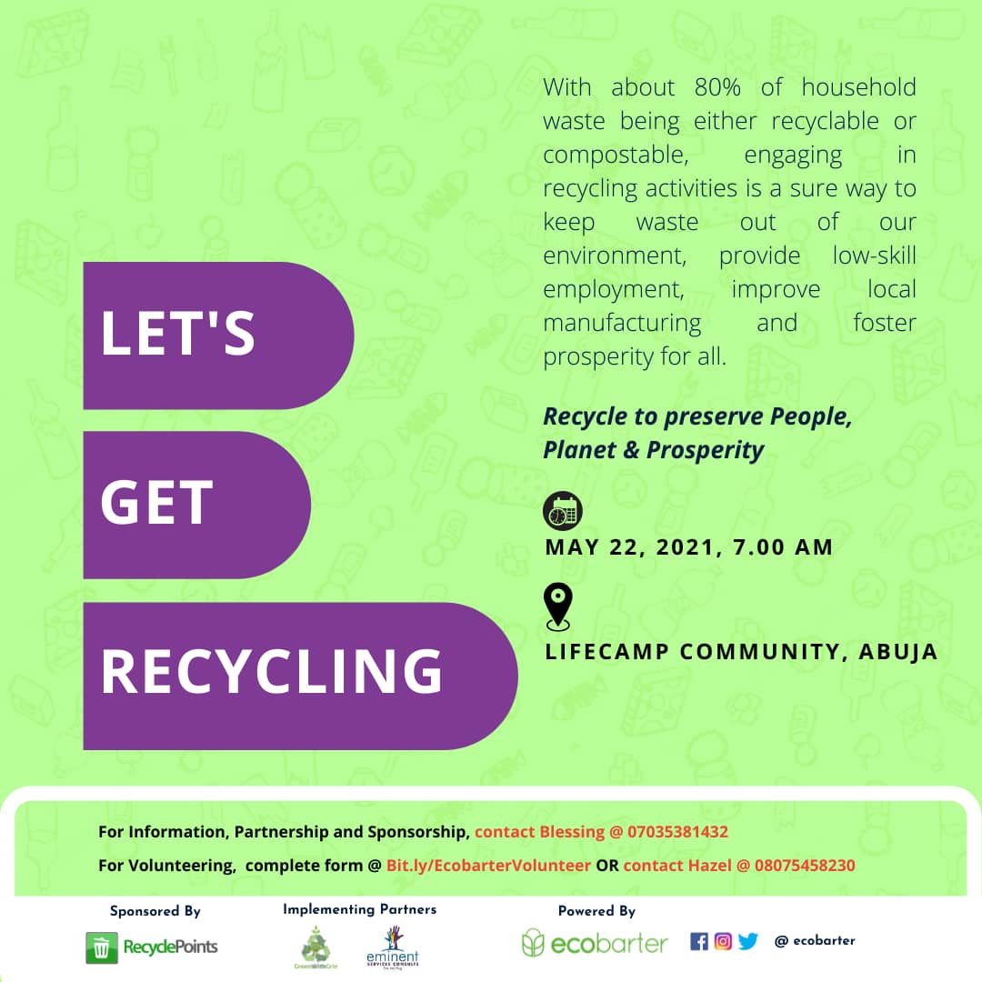 GreenWithGrin's tweet photo. Who is ready for this Saturday??💃🏽💃🏽💃🏽💃🏽

Lifecamp Community is about to feel the Green Wave 🌊.

Let's spread the recycling gospel whether you are in Abuja or not.

@RecyclePointsNG @EcoBarter @GreenWithGrin https://t.co/rgLMIxoTxO