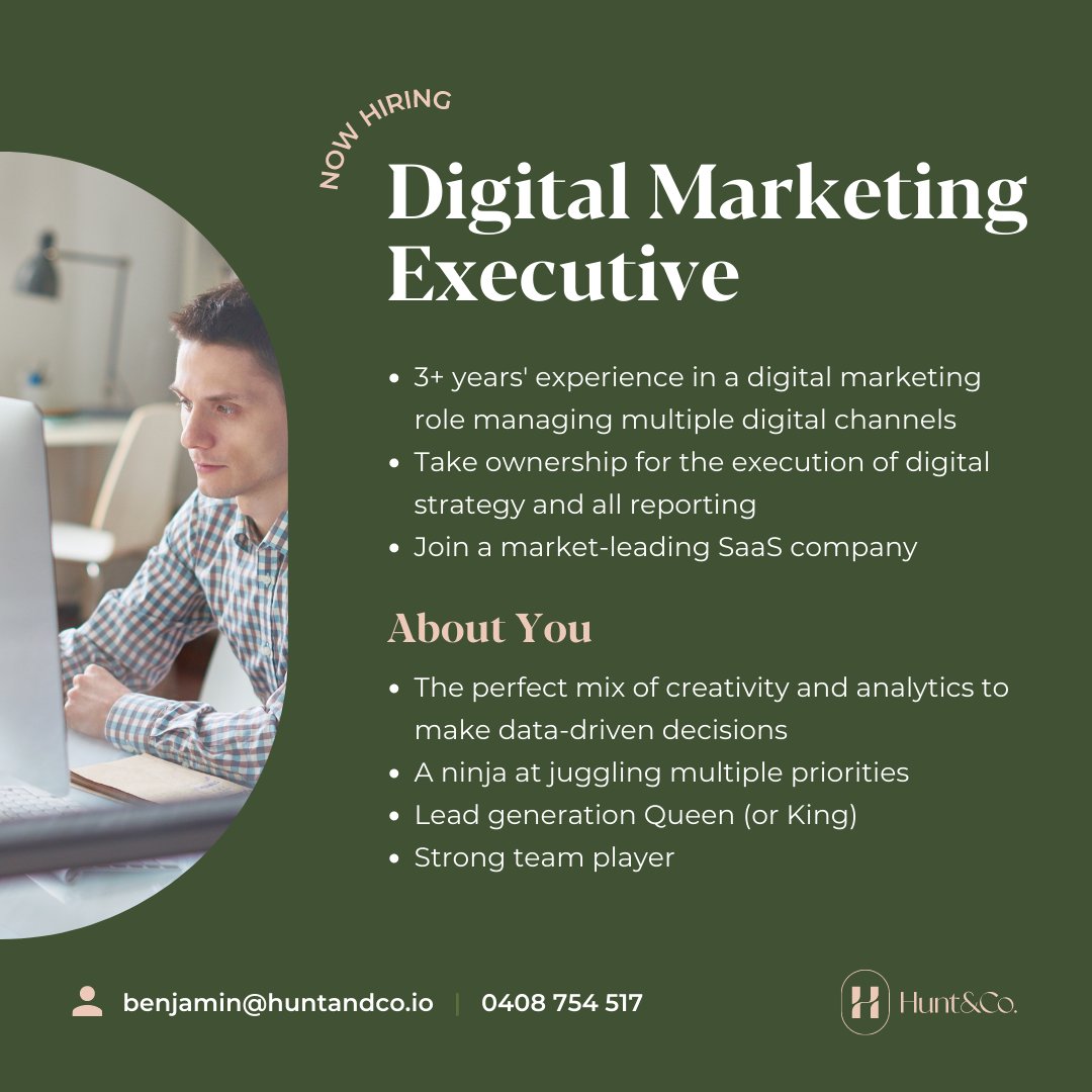 huntandco_'s tweet photo. NOW HIRING: Digital Marketing Executive
Want to know more about the role? Of course, you do!
👉 https://t.co/TfXgf1OtOj

#brisbanejobopportunity #digitalmarketingexecutive #saas #digitalstrategy https://t.co/qn35GN7i5w