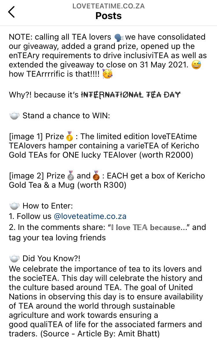 “丅ᗴᗩ Iᔕ ᒪIᖴᗴ”
Calling all #TEAlovers based in SA 🇿🇦
We have an #InternationalTeaDay Giveaway 👉🏽instagram.com/p/CPH16HRDeBO/…

🫖 How to Enter
1. Follow us <a href="/loveteatimesa/">loveTEAtimesa</a> 
2. In the comments share: “𝕀 𝕝𝕠𝕧𝕖 𝕋𝔼𝔸 𝕓𝕖𝕔𝕒𝕦𝕤𝕖...” &amp; tag your #tea loving friends