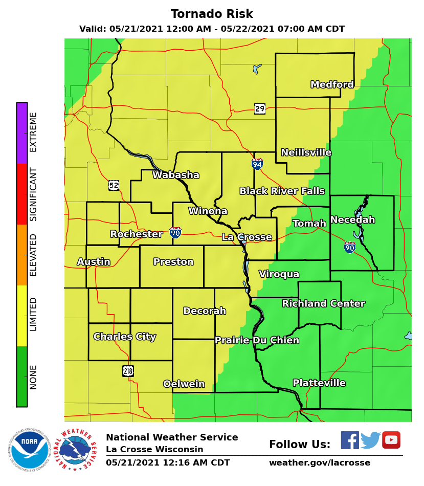 Good Morning SE Minnesota!

We’re ending the week on a stormy note with numerous showers and thunderstorms—highs around 80.

There is a low #Tornado Risk Throughout The region today.
Be aware of where your closest interior shelter is located.

#MNwx #RochMN #Rochester #Austin https://t.co/hgtNqxYLFq