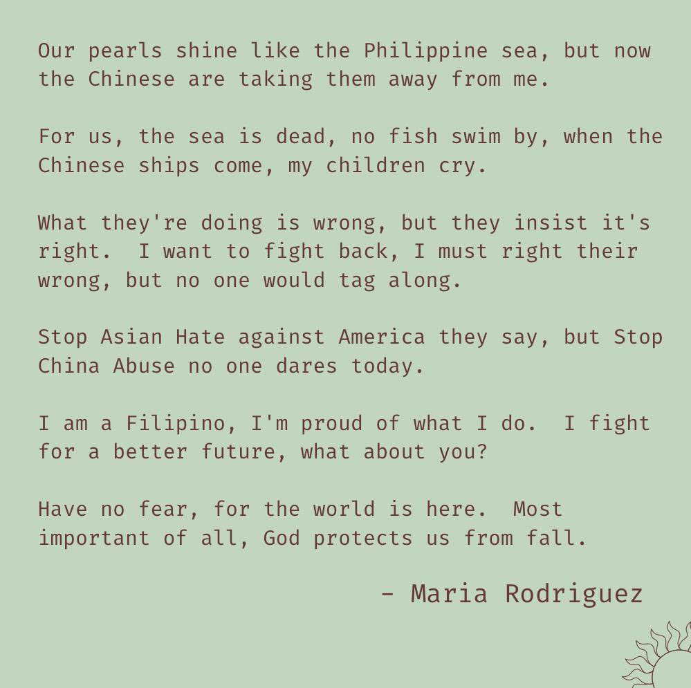 RoelRodriguez07's tweet image. Mga Kababayan, #GetWoke #ChinaMustRespectPhilippineSovereignty @MonsiSerrano1 @ceebee_em @GisingPilipino @mrlucks @BrujaDelDemonio 

Poem from my 14-year old daughter..Tagos sa puso, isip, at kaluluwa!

“I want to fight back, I must right their wrong, but no one would tag along”