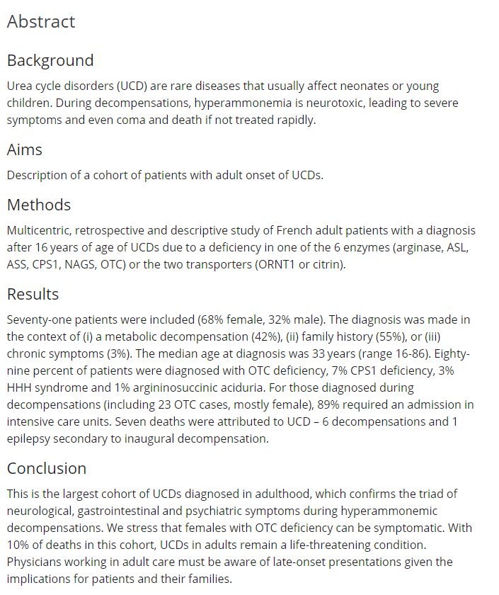 JIMD_Editors's tweet photo. Another new Accepted Article
Adult-Onset Diagnosis Of Urea Cycle Disorders: Results Of A French Cohort Of 71 Patients
Toquet et al
This is the largest cohort of UCDs adult diagnosed, confirmingthe triad of neuro, GI and psych symptoms with decompensations
https://t.co/Jf2DEuEQ1J https://t.co/hoQAp741IL