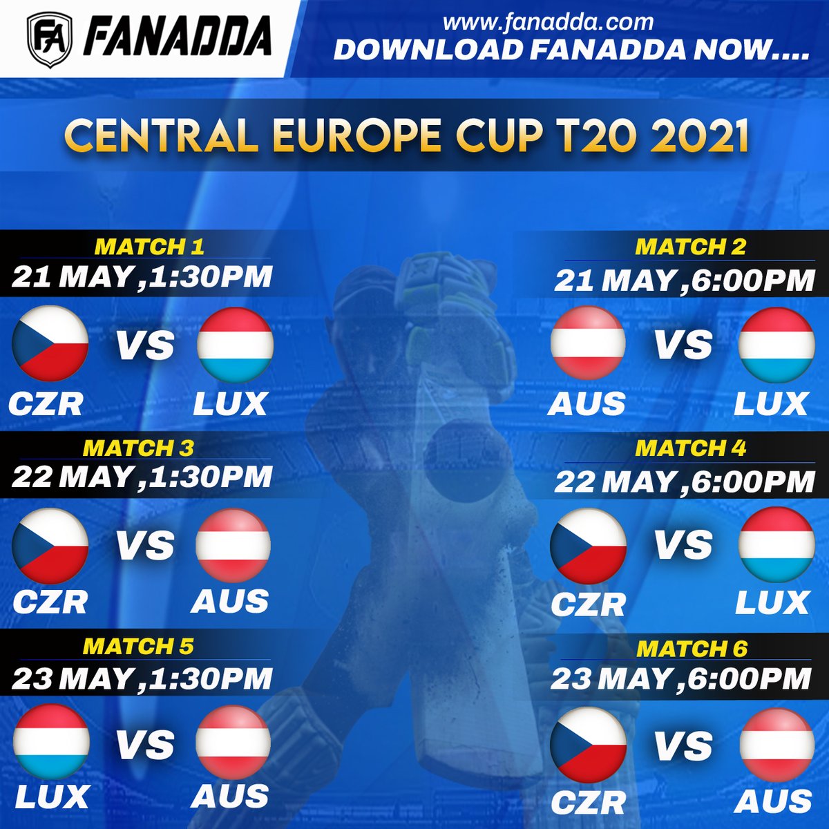 FanAdda19's tweet photo. Central Europe Cup T20 Schedule
Czech Republic, Luxembourg, Austria
App Link - https://t.co/CCesDpNorI
#CentralEuropeCup #EuropeT20 #T20 #CECT20 #Austria #Luxembourg #CzechRepublic https://t.co/gQbvqE0Uav