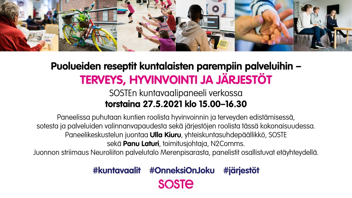 Mitkä ovat puolueiden reseptit kuntalaisten parempiin palveluihin? Tule kuulemaan SOSTEn #kuntavaalit​paneeliin, jonka keskiössä #terveys, #hyvinvointi ja #järjestöt. Seuraa tilaisuutta suorana
torstaina 27.5. klo 15–16.30. soste.fi/tapahtuma/puol…