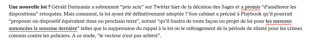 PJanuel's tweet photo. Lu dans le Playbook de @PauSR.
Apparemment l'Intérieur n'est pas au courant que les mesures sur le rappel à la loi et la période de sûreté ont déjà été adoptées hier dans le projet de loi Dupond-Moretti #PJLEDM https://t.co/MQ34VLpIet