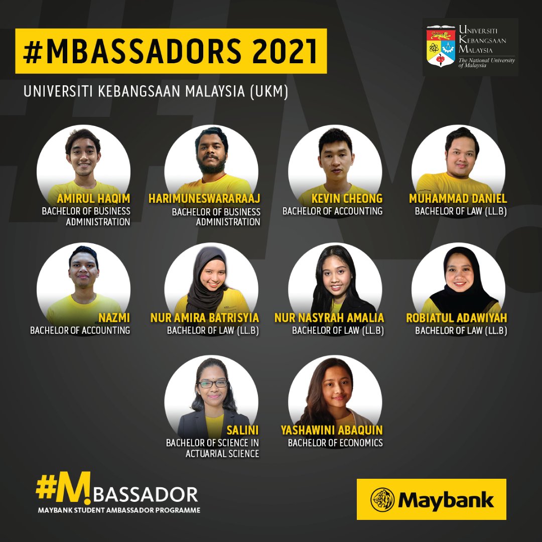 KarierUkm's tweet photo. Tahniah!!
10 orang pelajar UKM telah berjaya disenarai pendek dalam program #Mbassadors 2021.
Maybank Student Ambassador Programme (#Mbassador) adalah sebuah program pembangunan dan pementoran pelajar prasiswazah yang dijalankan dalam tempoh setahun. https://t.co/57t0VtuMu2