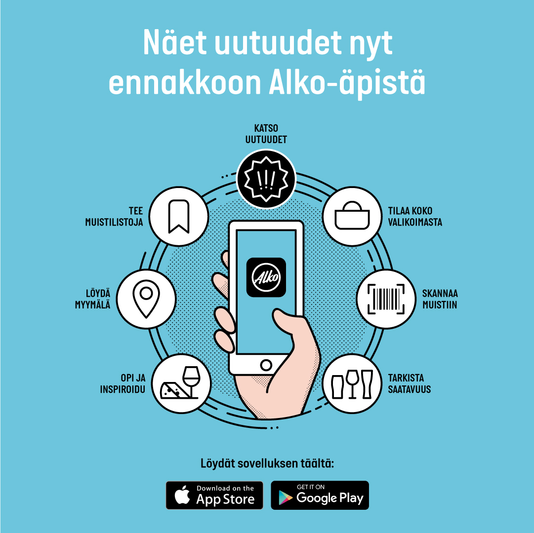 Alko_Oy's tweet photo. Missä mobiili, siellä myymälä. Alko-äpin avulla voit kätevästi tarkastella Alkon valikoimaa, uutuuksia, löytää lähimmän myymälän ja tilata tuotteita #alkofi-verkkokaupasta. Sovellus on ladattavissa App Storesta ja Google Play -sovelluskaupoista. #AlkoApp #mobiilisovellus #Alko https://t.co/NSFnzRHwW3