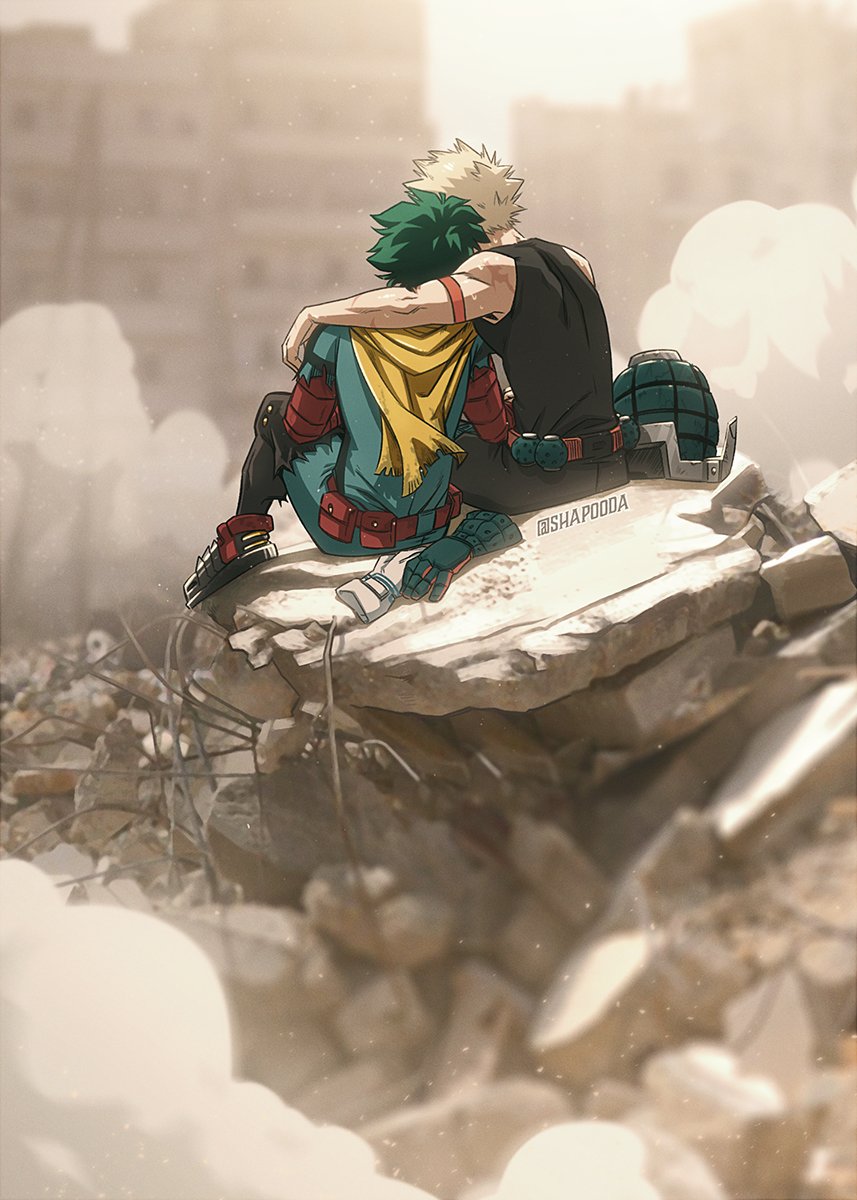 midoriya izuku multiple boys 2boys male focus green hair sitting blonde hair spiked hair  illustration images