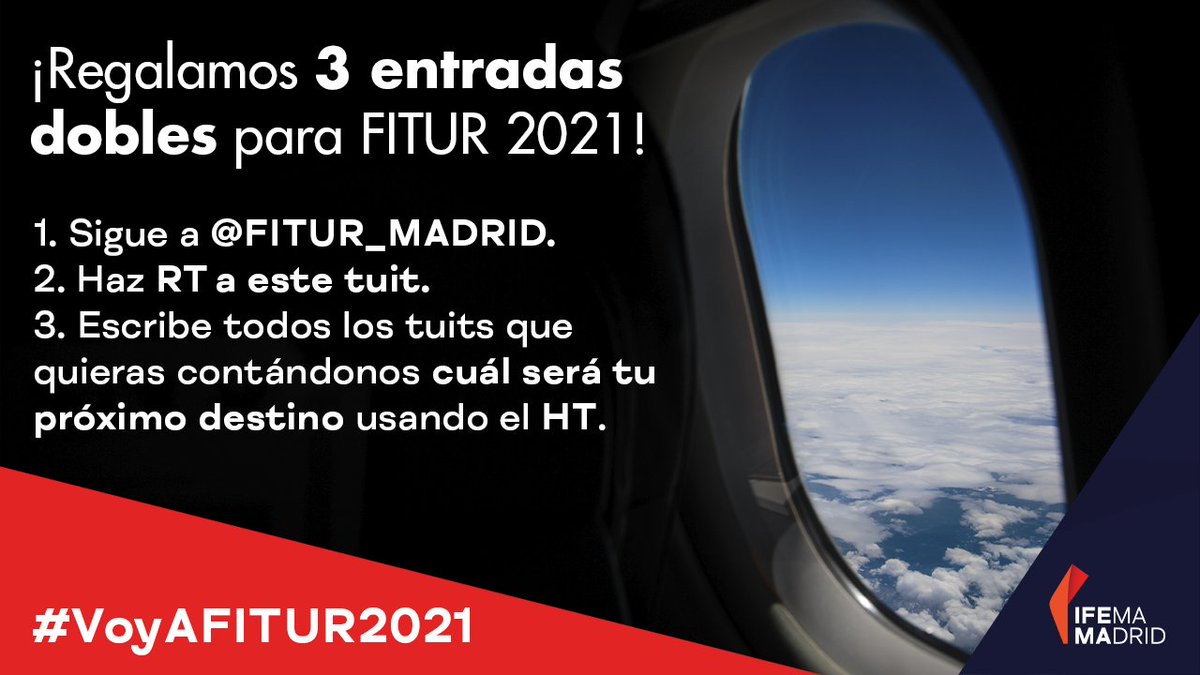 fitur_madrid's tweet photo. 🛫 #CONCURSO 🛬

Para celebrar #FITUR2021 contigo hemos preparado un #sorteo muy especial:

🎟️ Sigue las instrucciones de la imagen para ganar una de las TRES ENTRADAS DOBLES que sorteamos para venir este fin de semana. 🎟️

#VoyAFITUR2021 https://t.co/pDHsofVfVK