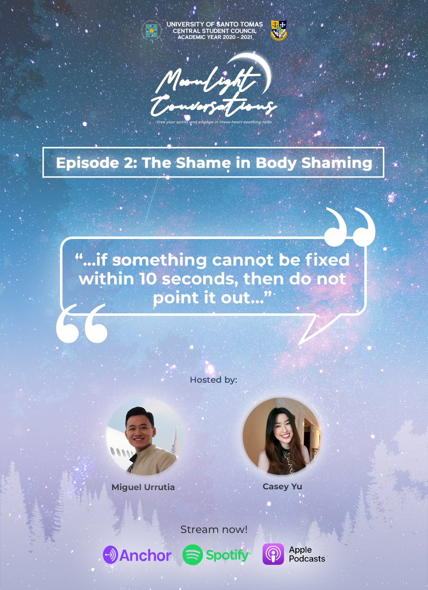 ust_csc's tweet image. With society’s idealistic beauty standards, will we ever be truly satisfied in front of the mirror? 

Listen to the second episode of #MoonlightConvosWithCSC here:

Spotify: spoti.fi/3hkYgAO 
Apple Podcasts: apple.co/3ve12Ms 

#CSCTranscendingBorders
#CSC2020Vision