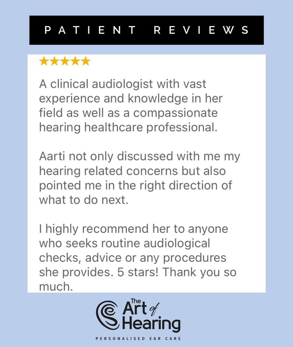 So rewarding to receive such fantastic feedback about our care. 
Read more patient reviews here
google.com/search?q=the%2… 

#theartofhearinguk
#personalisedearcare #hearingloss #earplugs #hearingaid #hearingaids #hearingtest #hearingassessment #audiology #hearinghealth #healthcare