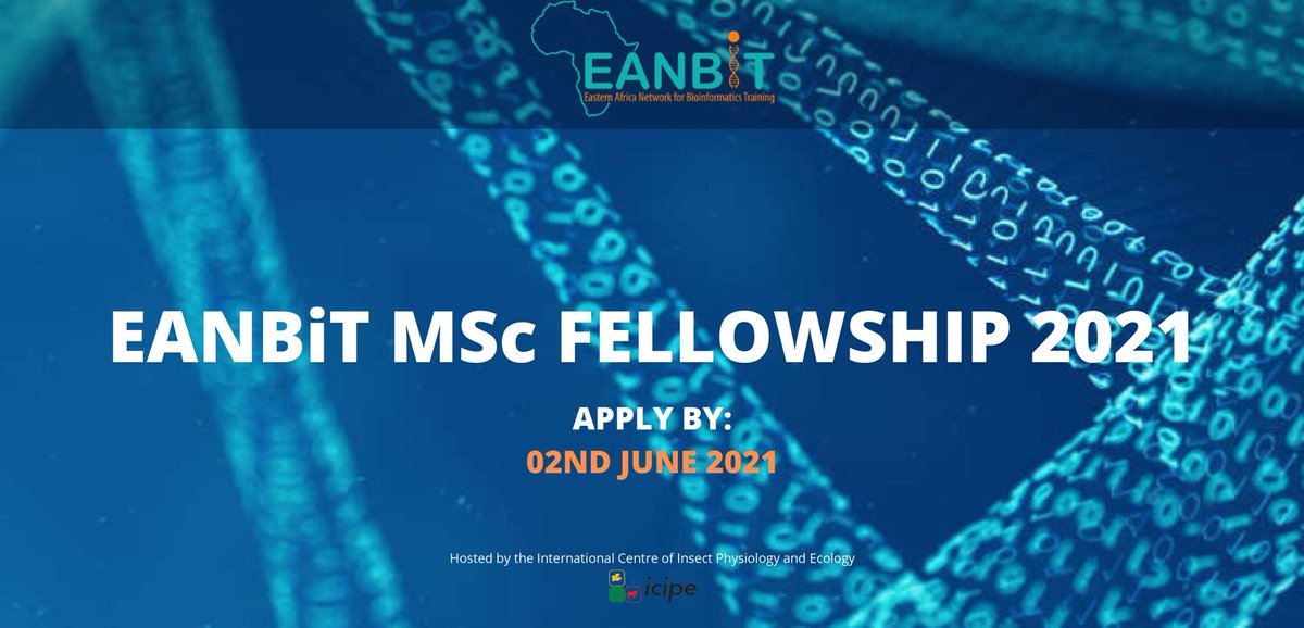 EANBiT (@eanbit_project) on Twitter photo We are pleased to announce the call of applications for the 2021 EANBiT MSc. in Bioinformatics Fellowships.
Deadline for application is 23:59Hrs on 02nd June 2021.
icipe.org/news/announcem…
<a href="/icipe/">icipe</a> <a href="/IDeAL_KEMRI_WT/">IDeAL, Africa</a> <a href="/BioinfoHub_KE/">Bioinformatics Hub of Kenya</a> <a href="/masigaD/">Dan Masiga</a> <a href="/sam_skmuchina/">Sam Kinyanjui</a> @JeanBakaDE <a href="/Calkibet/">Caleb kibet</a> We are pleased to announce the call of applications for the 2021 EANBiT MSc. in Bioinformatics Fellowships.
Deadline for application is 23:59Hrs on 02nd June 2021.
icipe.org/news/announcem…
<a href="/icipe/">icipe</a> <a href="/IDeAL_KEMRI_WT/">IDeAL, Africa</a> <a href="/BioinfoHub_KE/">Bioinformatics Hub of Kenya</a> <a href="/masigaD/">Dan Masiga</a> <a href="/sam_skmuchina/">Sam Kinyanjui</a> @JeanBakaDE <a href="/Calkibet/">Caleb kibet</a>