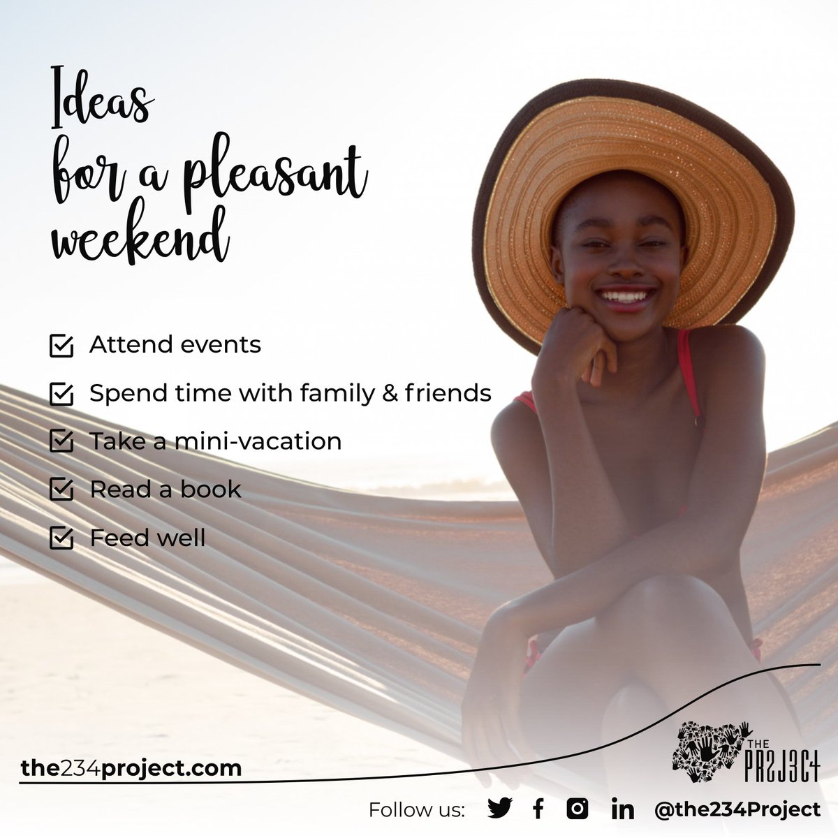 #tgif 
No plans for the weekend? Let’s help you with some ideas.

These tips will help you have a pleasant weekend.  As a legit Nigerian, don't miss out on catching cruise😉 

Enjoy the weekend.
 
#weekendvibes   #weekend  #familyandfriends 
#naijalife        #234project