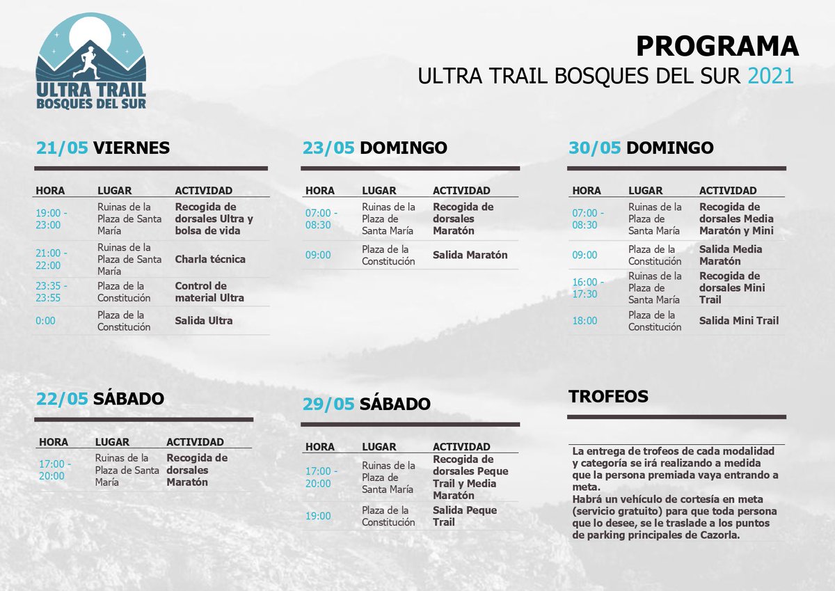 cazorlavuela's tweet photo. 🏃🏻‍♀️🏃🏻‍♂️¡Buenos días! Comienza la semana grande del Trail en #Cazorla, y aquí te preparamos todo el programa del fin de semana y semana que viene de la Ultra Trail Bosques del Sur para que no te pierdas nada 💪💪 https://t.co/2gzqIAmq8g